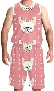 [FNETJXF] Basketball Jersey and Shorts, Jersey Shorts Outfit Set, Men's Athletic Basketball Jersey, French Bulldog Cartoon Animal Pink