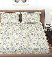 210 TC Cotton Double Bedsheet with 2 King Size Pillow Covers Soft Wrinkle Free Brethable Easy Care (90X90 Inches, 7 x 7.5 Feet Peacock Cream