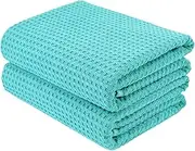 POLYTE Microfiber Oversize Quick Dry Lint Free Bath Towel, 60 x 30 in, Set of 2 (Aqua, Waffle Weave)