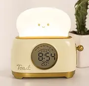 Toast Night Lamp, Digital Alarm Clock for Bedrooms,Date/Temperature Display,Cute Toast Machine Countdown/Timer, Snooze, Adjustable Brightness,Small Bedside Clock for Kids Girls Boys Birthday (Yellow)