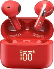TOZO T21 Wireless Earbuds Bluetooth Headphones Semi in Ear with LED Digital Display, Dual Mic Call Noise Cancelling with Wireless Charging Case IPX8 Waterproof for Phone Laptop Red