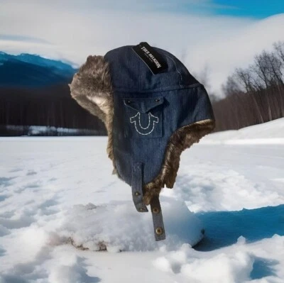 True Religion Trapper Hat Dark Blue Denim Faux Fur Horseshoe Pockets Chin Strap