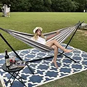 Stand Hammock with Carry Bag: Heavy Duty 440lb Steel Frame, Adjustable Height for Outdoor Relaxation – Portable Design with Blue-Green Striped Fabric, Fits Backyard, Camping, Beach (Coffee Stripes)