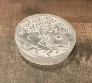 Selenite Crystal Polished Charging Plate Etched w/Tree Of Life and Sun & Moon