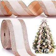 40 Yards Christmas Glitter Wired Ribbon 4 Inch Wide Stripe Wired Edge Ribbon Holiday Fabric Ribbons for Home Decor Gift Wrapping Bows Xmas Tree Wreath Garland DIY Crafts (White)
