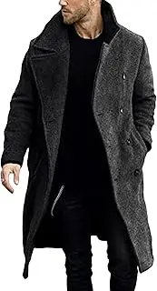 [Zylphorix] Men's Mid Long Solid Faux Woolen Coat Notched Lapel Padded Trench Jacket Winter Long Sleeve Warm Outerwear