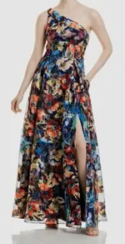 Aidan Mattox Women's Blue One Shoulder Floral Print Gown Dress Size 2
