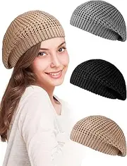 [Newcotte] 3 Pcs Soft Slouchy Crochet Beret Chic Cutout Beret Hats for Women Lightweight Knit Beanie Caps for Women Girls