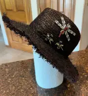 Steve Madden Embellished Bees Dragonfly Bugs Straw Black Hat NWT OS