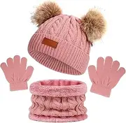 [YONEEKSS] 3 PCS Kids Winter Warm Beanie Hat Scarf Gloves Set, 3 In 1 Knit Warm Toddler Winter Cap Gloves Neck Warmer for Girls Boys Children Toddler Aged 1-6, Pink, One Size