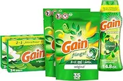 Gain Laundry Bundle: Gain Flings Laundry Detergent Pacs (2x35ct), Gain Dryer Sheets (2x34ct), Gain Fireworks Laundry Scent Booster Beads (14.8 oz)