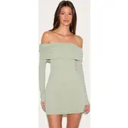 Sage Green Onion Skin Bardot Ruched Bodycon Dress, Sage Green