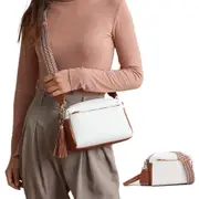 Womens Crossbody Bag with Triple Zipper - PU Leather Shoulder Bag with Adjustable Guitar Strap-White