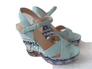 THEME AQUA BLUE PLATFORMS OPEN TOE CHUNKY HEEL SHOES SIZE 10 W - NEW