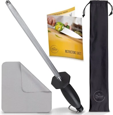 Chefast 10 in Honing Steel Knife Sharpening Rod Sharpener,Cleaning Cloth & Bag