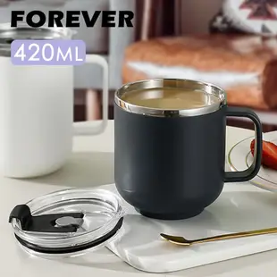 【日本FOREVER】304不鏽鋼雙層保溫馬克杯/茶杯420ml-黑色(附蓋)2入