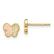 Real 14kt Yellow Gold Madi K CZ Pink Enamel Butterfly Post Earrings