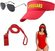 UILYNIU Pack of 3 Lifeguard Fancy Dress Costume Men Women Red Lifeguard Visor Cap Sunglasses Sports Whistles Bathmaster Costume for Lifeguard Adult Halloween Carnival Fancy Dress