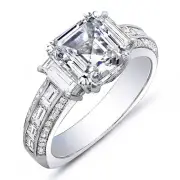 1.95Ctw Asscher Cut Baguette & Round Diamond Engagement Ring 14K D, VS2 GIA