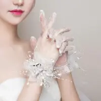 在飛比找Yahoo!奇摩拍賣優惠-下殺 新娘手套結婚蕾絲很仙美花朵白色女薄款春夏拍照韓式婚紗手