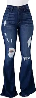 [Generic] Women's Distressed Flare Jeans Ripped Bell Bottom Jeans Pants Fitted Stretch Hole Denim Pants