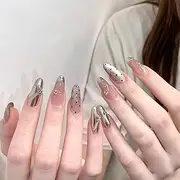 Yazikisa Handmade Press on Nails French Tips Long Almond Fake Nail Chrome Artificial Fingernail Gel Glossy Rhinestones Gems False Stick on Manicure for Women Girls 10 Pcs (M)
