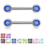 Pair of Double Front Facing CZ Gem Surgical Steel Nipple Rings Barbells 14G 5/8"