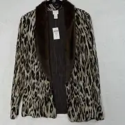 Chicos Cardigan Brown Animal Print Fur Collar Women 1 S Crinkle Open Front NEW