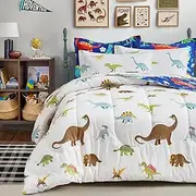 Kids Bed in a Bag Full Size Navy Dinosaur Comforter Set - Soft 7 Pcs Colorful Bedding Set for Boys Gilrs (1 Comforter, 2 Pillow Shams, 1 Flat Sheet, 1 Fitted Sheet, 2 Pillowcases)