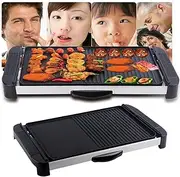 Electric Grill Plate, 2000W Electric Teppanyaki Grill with 5 Heat Settings, 1.1M Power Cord, 2 Grilling Areas, Max 250°C, Black Stainless Steel Non-Stick, Japanese Style