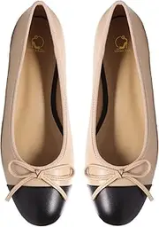 [SHODENSE] Women Cap Toe Bow Flats Two Tone Slip On Ballet Flats Comfort Closed Round Toe Flats Colorblock 1 Inch Low Flat Heel Dress Shoes