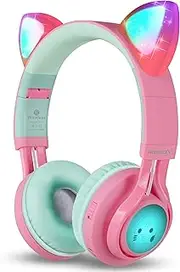 Riwbox Bluetooth Headphones, Riwbox CT-7 Cat Ear LED Light Up Wireless Foldable Headphones Over Ear with Microphone and Volume Control for iPhone/iPad/Smartphones/Laptop/PC/TV (Pink&Green)