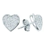 14k White Gold Round Diamond Heart Cluster Earrings 1/10 Cttw