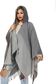 [BAILEYU] Women's Hooded Shawl Cape Open Front Cloak Poncho Warm Sunscreen Cardigan Sweater for Fall Winter,Gray,One Size