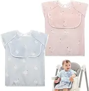 Little Dimsum 2 Pcs Baby Food Bibs Short Sleeves Feeding Bibs Waterproof Baby Bibs Toddler Bibs Apron Smock with Top Pocket Bag for Babies/Toddlers/Infants(Duck&sheep)