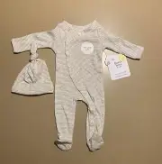 Burt's Bees Micro Stripe Organic Cotton Jumpsuit Knot Hat Set Preemie in Fossil
