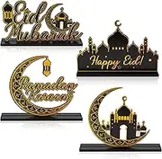WATINC 4pcs Ramadan Kareem Wooden Table Topper Centerpiece Decorations, Happy Eid Mubarak Party Wood Tiered Tray Signs Table Decor, Al-Fitr Black Gold Detachable Tabletop Supplies for Home Kitchen