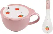 Soup Bowl with Handle Japanese-Style Breakfast,480ML Soup Bowls Mug Cup in China Porcelain Ceramic with Lid and Spoon Oven Microwaveable Microwave Safe for Milk-Pink C