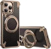 Jarttarn Metal Case Compatible with iPhone 16 Pro Max, Carbon Fiber Magnetic Phone Case with 360° Rotatable Ring Stand, Bezel-Less Cooling Protective Cover for iPhone 16PM (Gold)