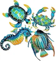 Set of 4 Metal Outdoor Wall Art Decor, Blue Turtle Fish Crab and Seahorse Suitable for Beach Ocean Pool Decor, Metal Yard Fence Garden Children Room Bathroom Livingroom Wall Decoration