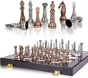 Auloves 38cm Retro Metal Chess Set - Marbling Chess Board & Metal Pieces - 2 Players - Ages 6+