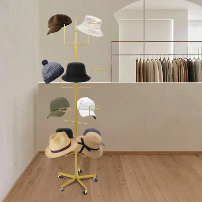 4 Tier 16 Hats Mobile Hat Display Rack Metal Floor Caps Headwear Stand Gold