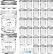 Waymind 6 oz Glass Mason Jars, 30 Pack Regular Mouth Glass Canning Jars with Silver Aluminum Lids and Bands, Airtight Jam Jars for Food Storage, Pickling, Fermenting, Honey, Jelly, DIY Candles Decor