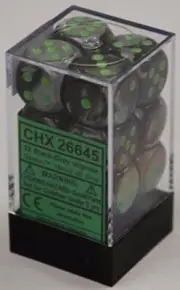 Chessex Dice d6 Sets Gemini Black & Gray W/ Green 16mm Six Sided Die CHX 26645