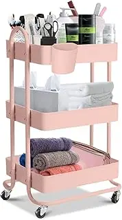 EKKIO Kitchen 3 Tier Rolling Cart with Wheels Steel Storage Shelf Rack Organiser Wheels, Metal Rolling Cart, Storage Cart, Art Carts, Rolling Storage Cart Max. Weight Capacity 45kg (Pink)