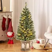 Costway 125CM Potted Christmas Entrance Tree with 3 Dynamic Modes, Timer, Adjustable Brightness, Remote Control, Xmas Tree with Pine Needles, 116 Branch Tips, 100 LED Lights & Cement-Filled Base