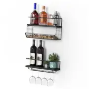 Wall Mounted Wine Rack Set of 2 - Wine Shelf with Mesh Basket and Glass