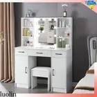 Dressing Table Stool Set Makeup Mirror LED Light Storage Cabinet Drawers White