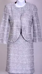 NWT ST.JOHN Women's Tweed Gray Silver Sequins Metallic Shimmer Jacket Skirt Sz 6