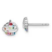 Sterling Silver Rhodium-Plated Polished & Multi-Color Enameled Cupcake Children'S Post Earrings